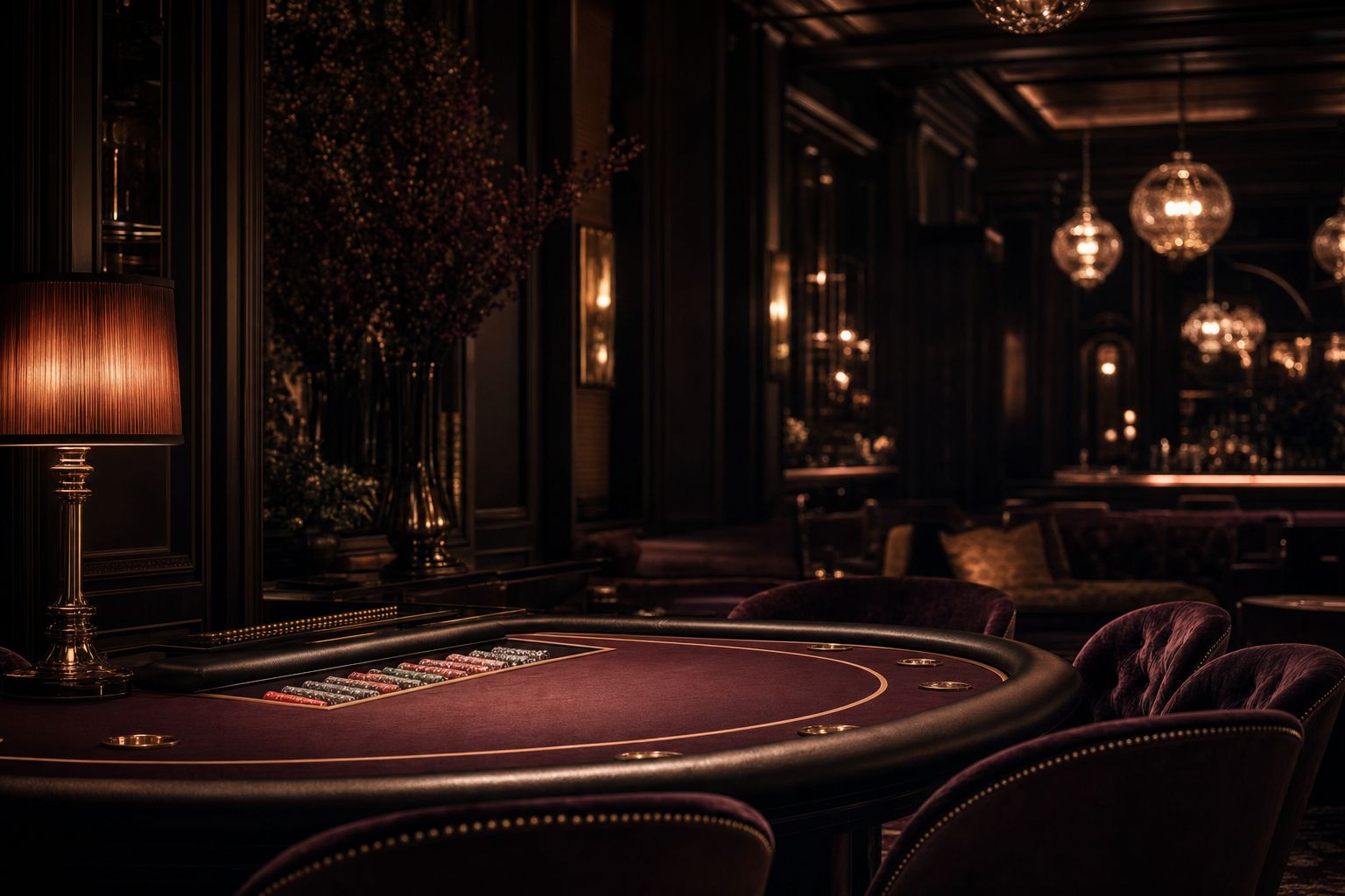 Private casino salon at night — velvet card table in copper lamplight